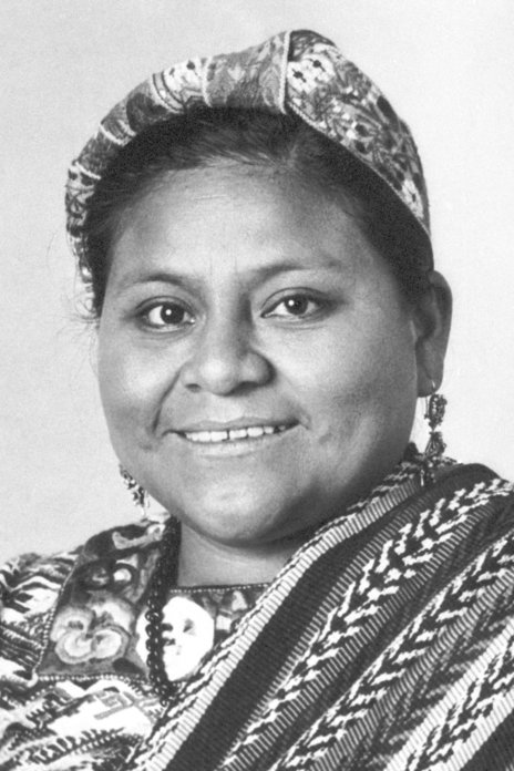 Black and white photo of Rigoberta Menchu
