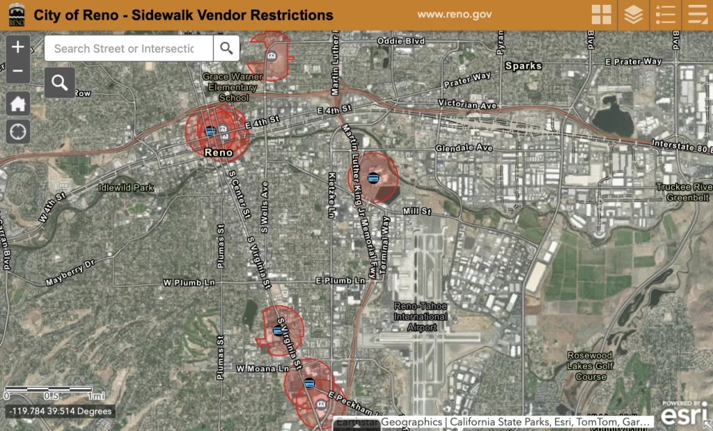 Picture shows a map of where Reno street vendors aren't allowed to vend.