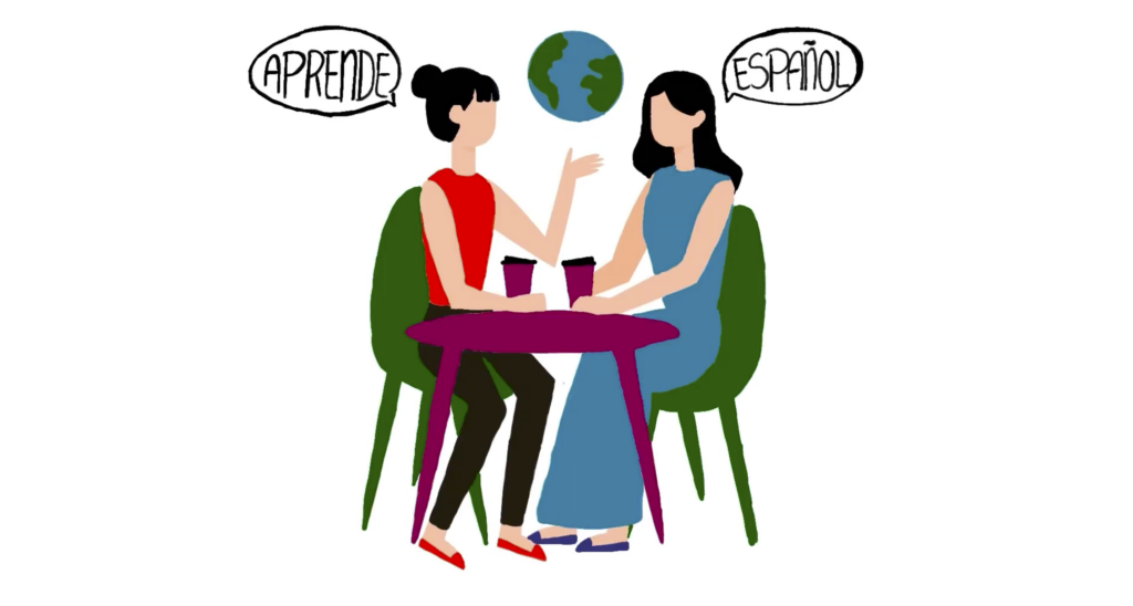 Imagen de dos mujeres hablando con palabras aprende español sobre sus cabezas