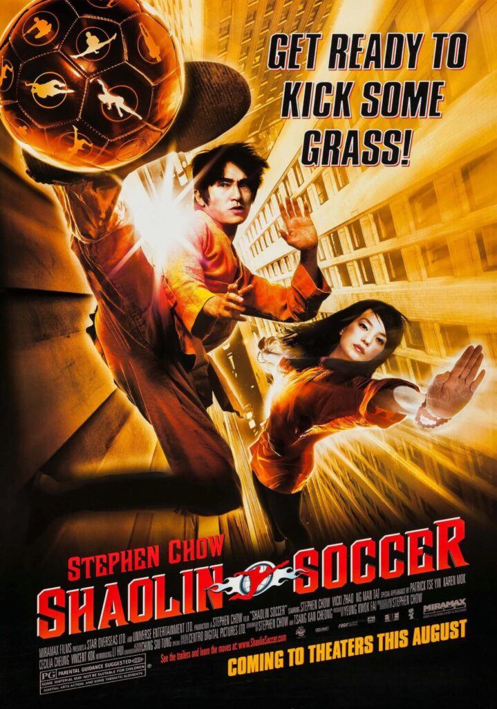 movie poster with person doing a karate kick with a ball