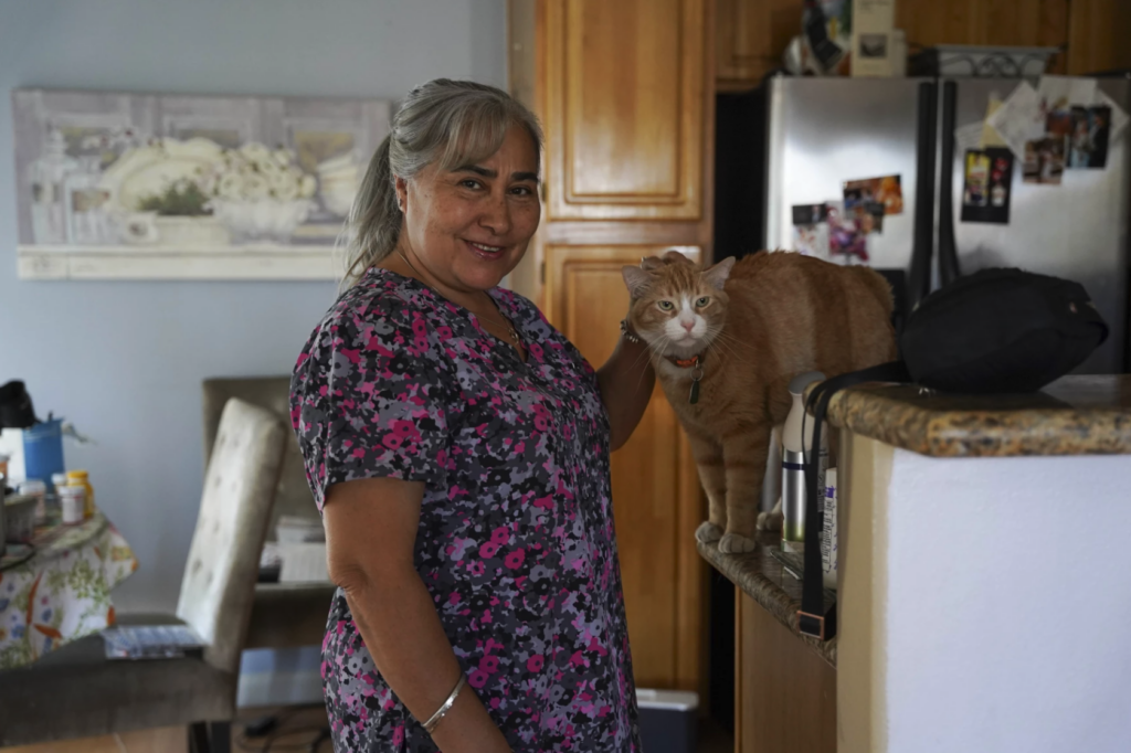 woman pets a caton a countertop