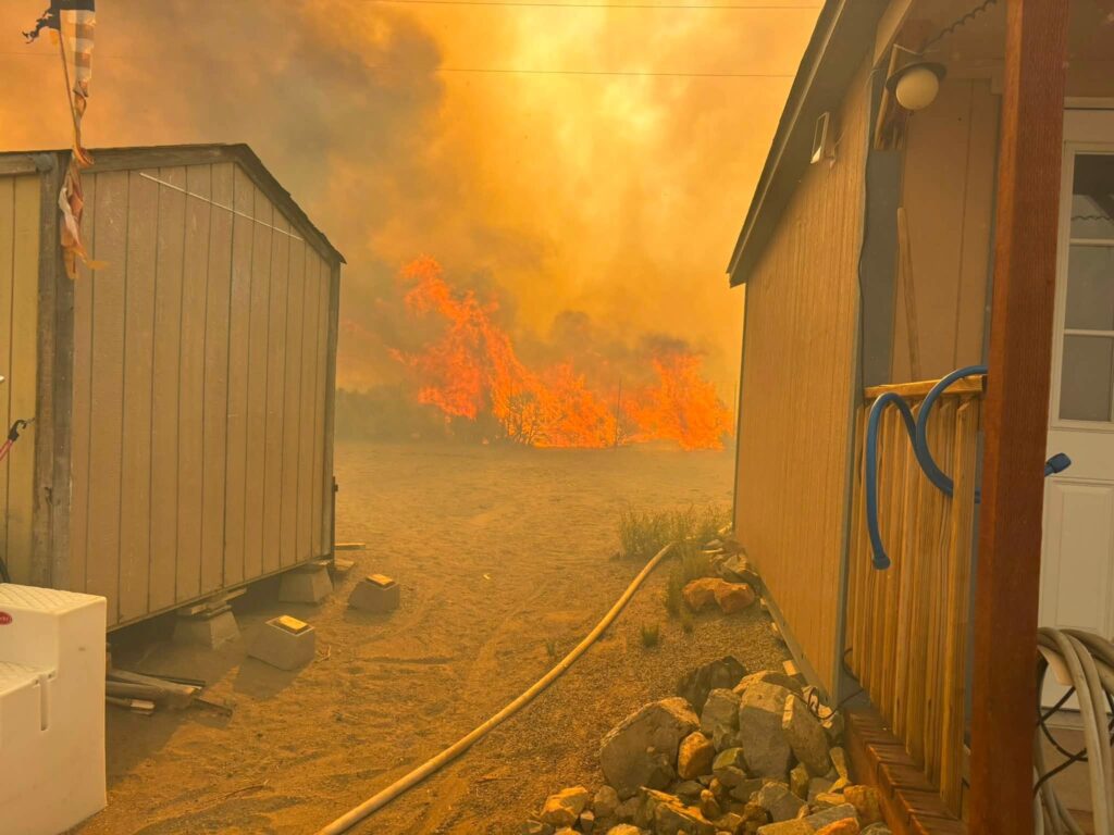 flames burn in brush between homes