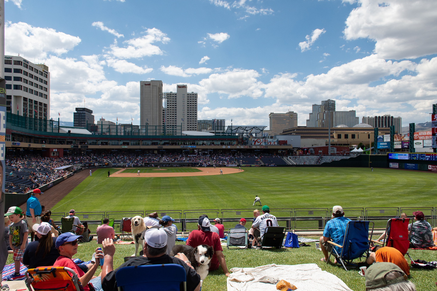 Wide shot of Reno Aces stadium during a baseball game.