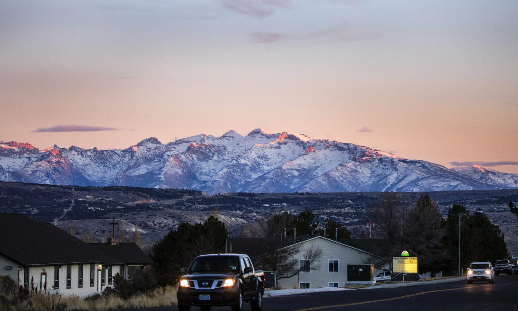 A sunset view of the Ruby Mountains as seen from Elko