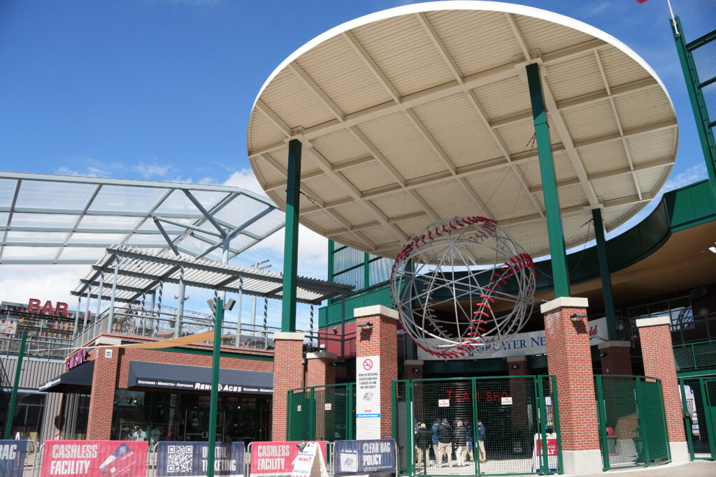 An image looking up at the entrance to a ballpark.