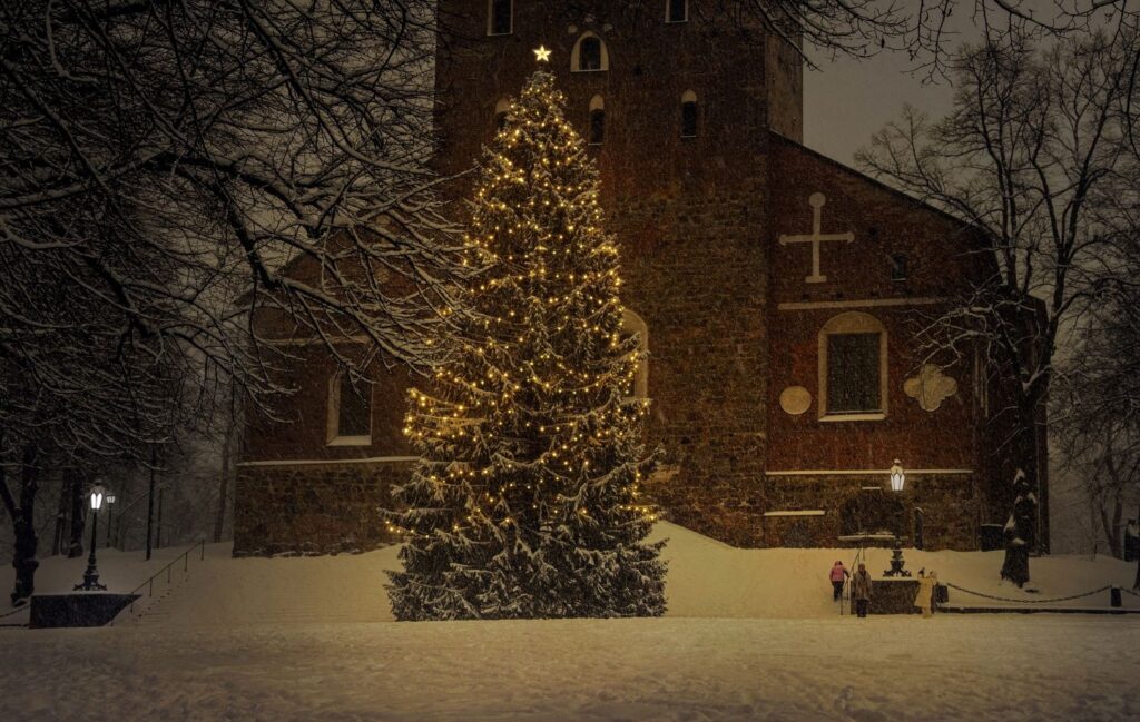 A christmas tree is pictured in front of a catholic church.