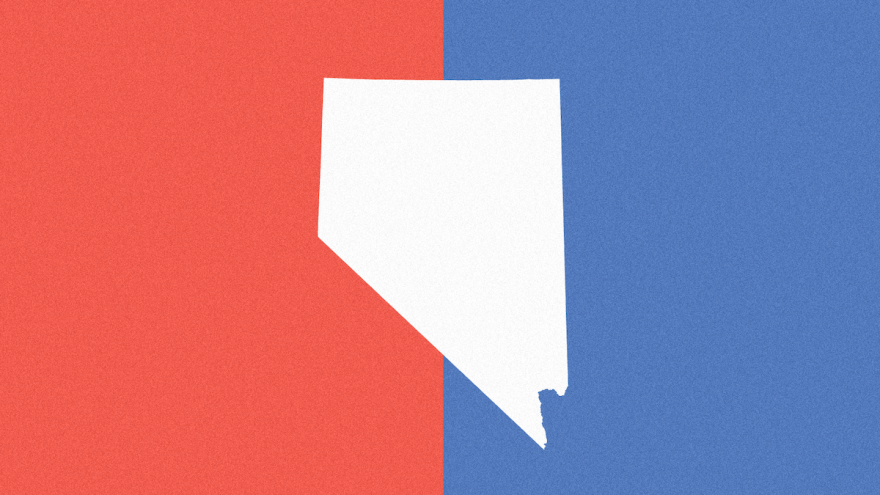 A silhouette of Nevada is pictured equally divided by a red and blue background.