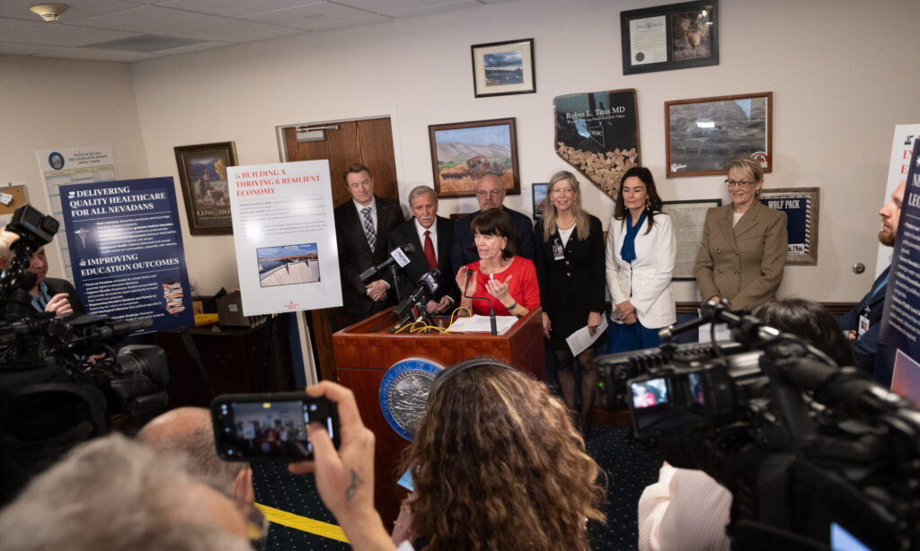 Senate Minority Leader Robin Titus with her collogues during a press conference of the first day of the 83rd legislature in Carson City on February 3rd 2025 (David Calvert/The Nevada Independent)