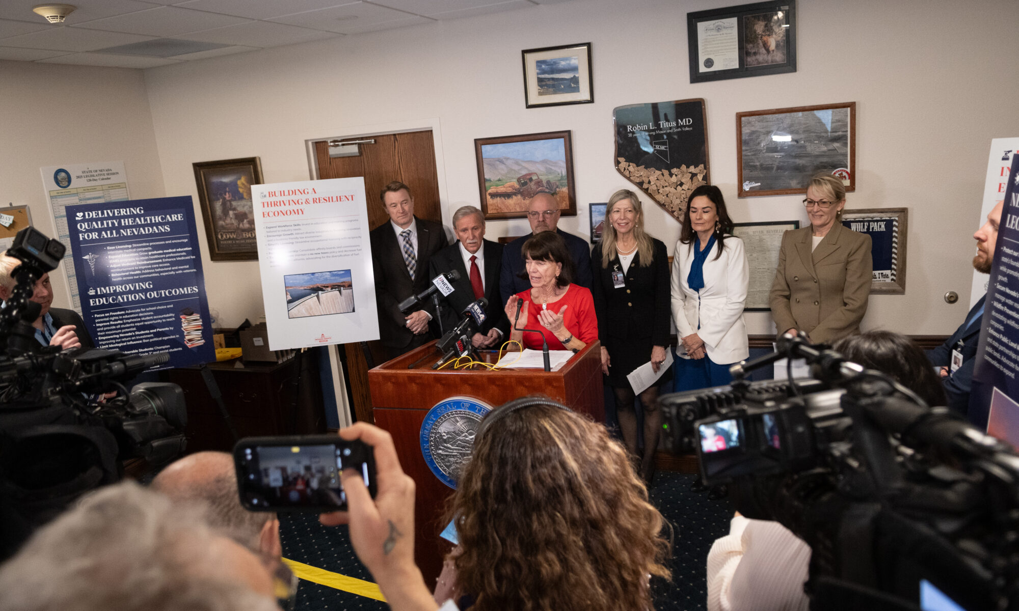 Senate Minority Leader Robin Titus with her collogues during a press conference of the first day of the 83rd legislature in Carson City on February 3rd 2025 (David Calvert/The Nevada Independent)