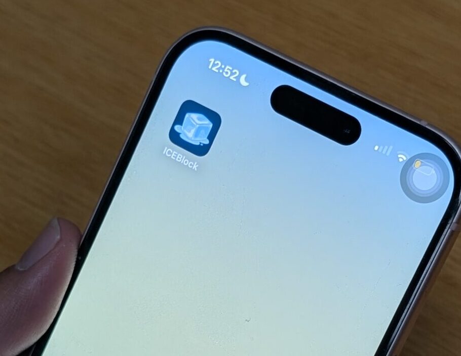 A phone displaying the ICEBlock app on the phone