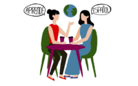 Imagen de dos mujeres hablando con palabras aprende español sobre sus cabezas