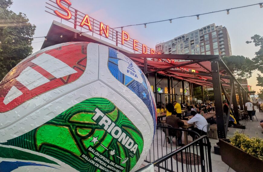 gigantic soccer ball outside of trendy market