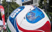 white, blue and red colors on a soccer ball