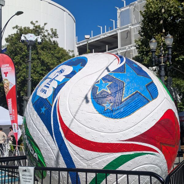 white, blue and red colors on a soccer ball